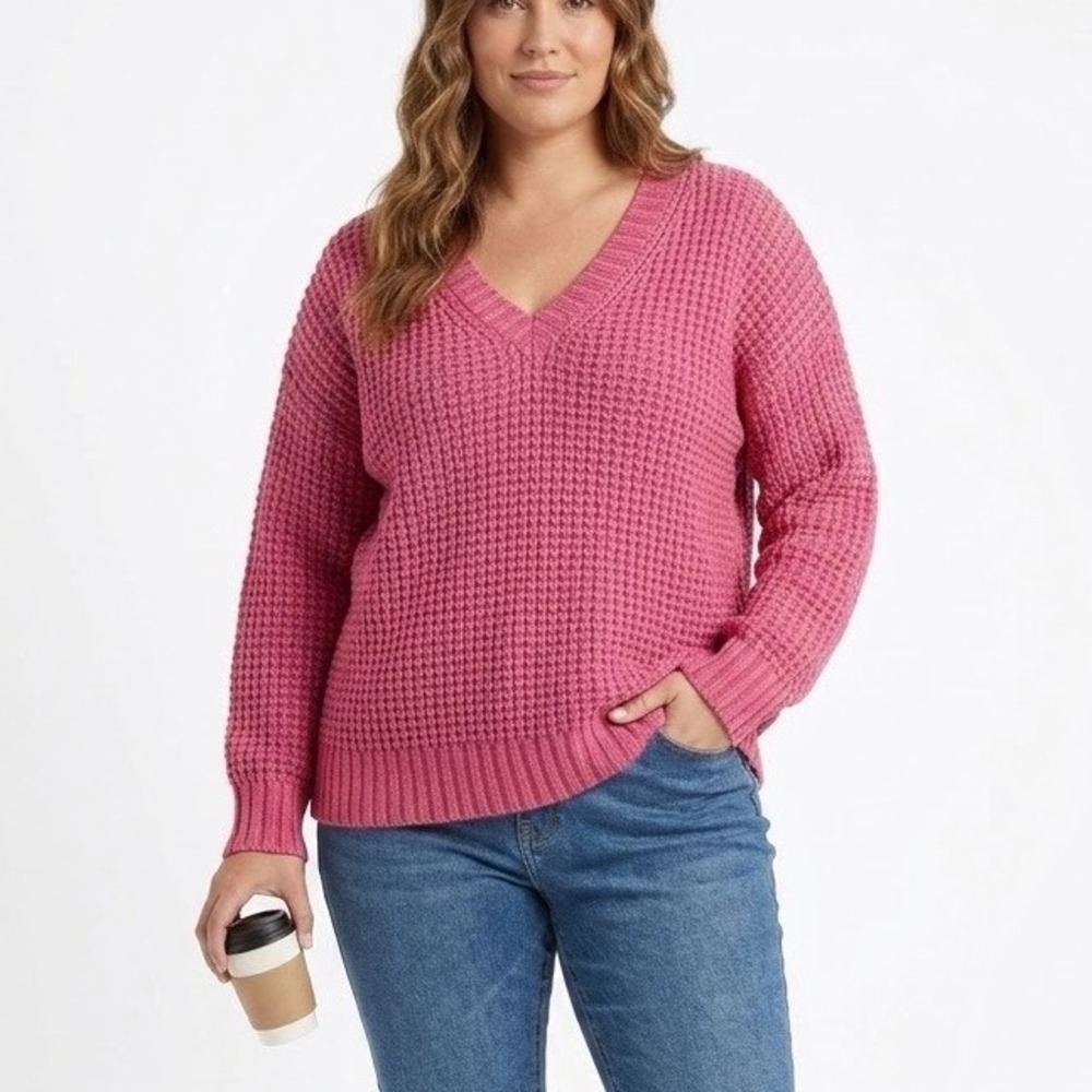 American Eagle Pink V-Neck Waffle Knit Oversized Sweater XL Womens Pullover